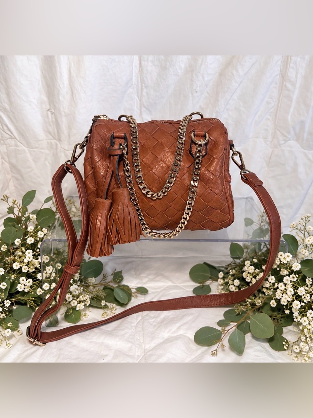 Madison West Woven Leather Crossbody with Tassels - Cognac Brown